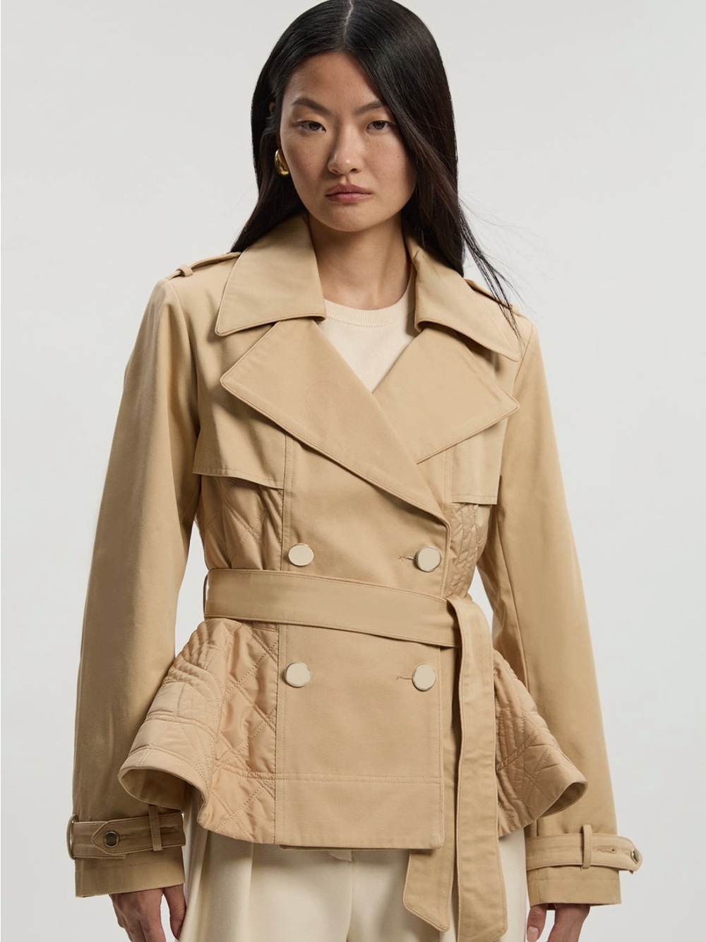 Karen Millen Tan Quilted-Paneled Double-Breasted Trench